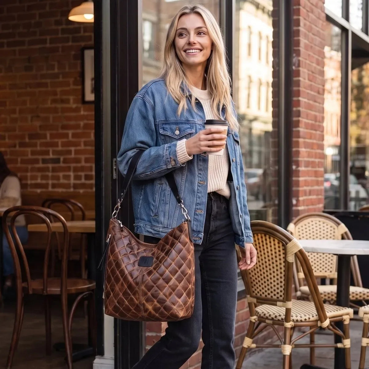 Woman carrying an Outrider full grain leather handbag