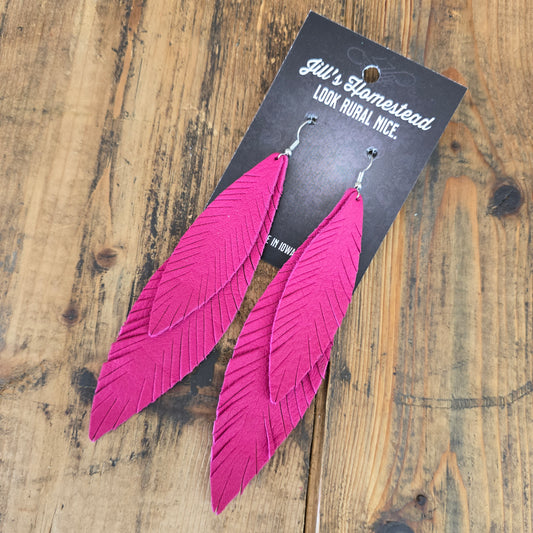 XL Double Feather Earrings - Hot Pink