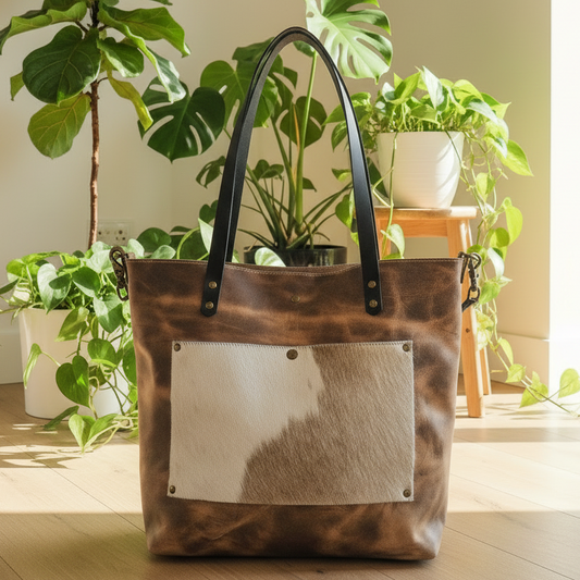 Large Leather + Cowhide Tote Bag Purse by Jill's Homestead