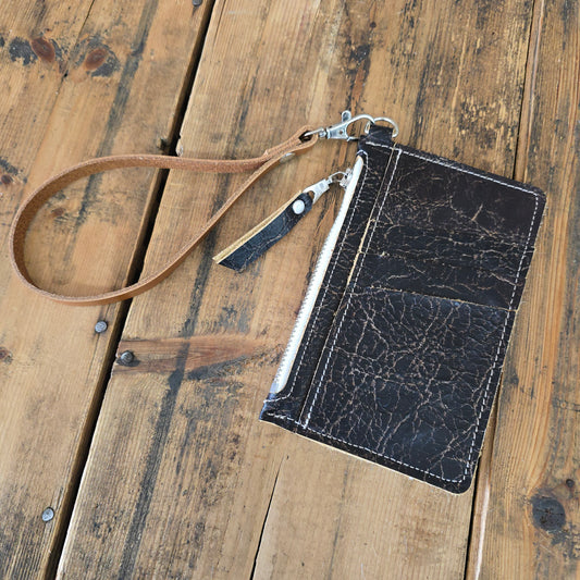 Cowhide Modesto Clutch (Dark Brown Crackle)