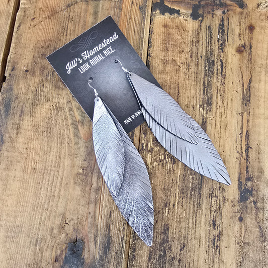 XL Double Feather Earrings - Silver