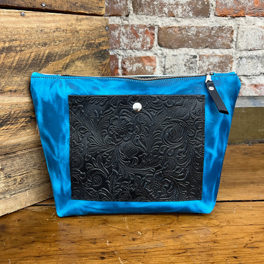 Cowhide Travel Makeup Bag (Blue Lagoon/Black Floral Emboss)