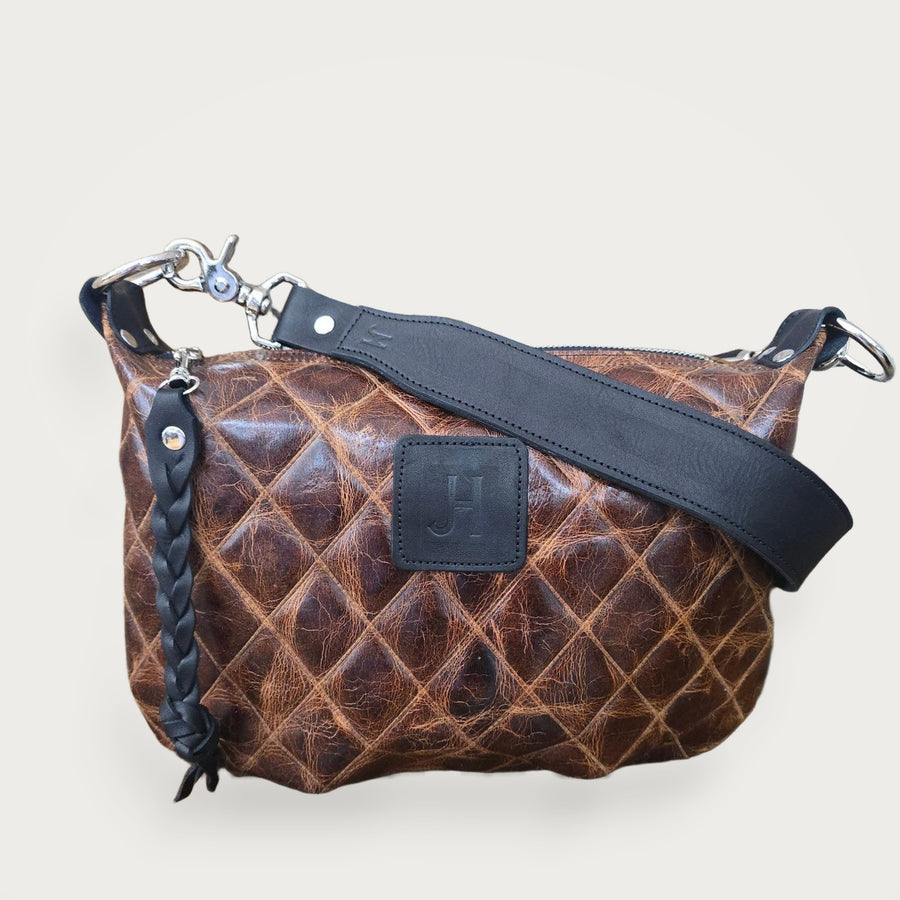 Livingston Mini - Quilted Caramel on gallery-gray studio background — Jill's Homestead — Creative OS 20260809