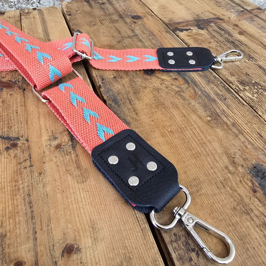 Nylon + Leather Adjustable strap - Rust/Teal Chevron