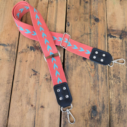 Nylon + Leather Adjustable strap - Rust/Teal Chevron
