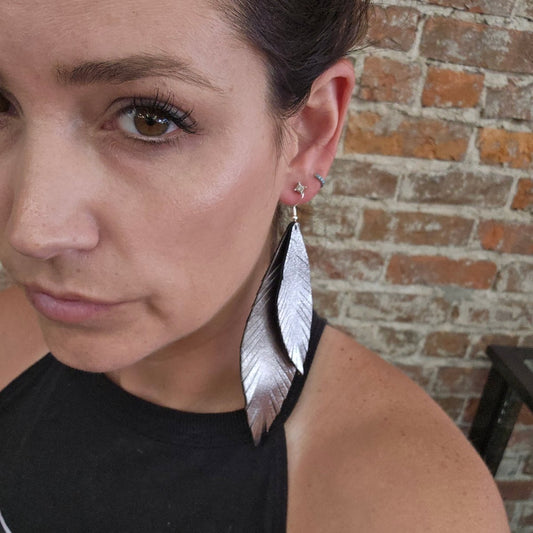 XL Double Feather Earrings - Silver