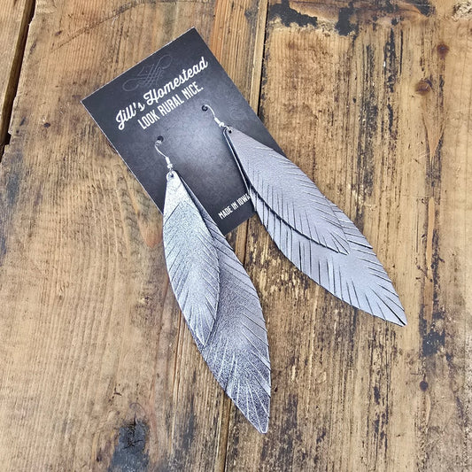 XL Double Feather Earrings - Silver