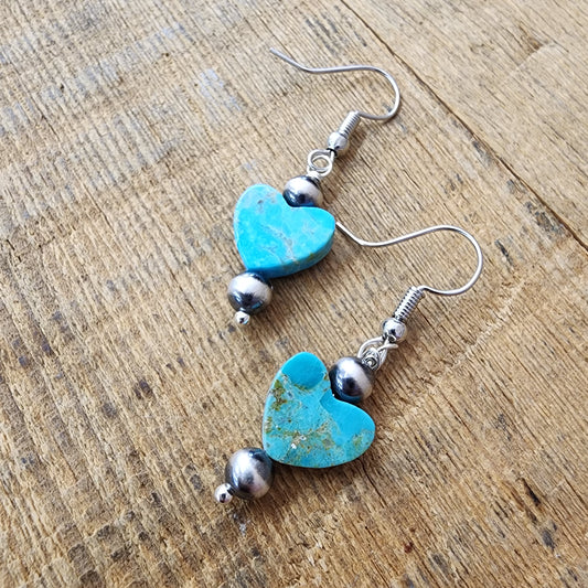 Turquoise Heart + Navajo Pearl Silver Earrings