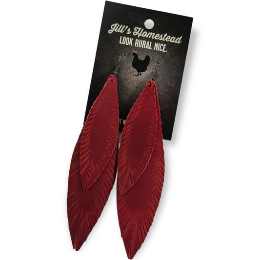 XL Double Feather Earrings - Charger Red