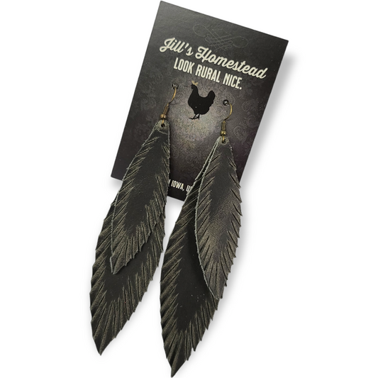 XL Double Feather Earrings - Olive