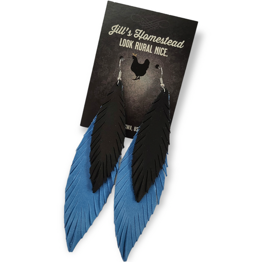 XL Double Feather Earrings - Iowa Sky & Black