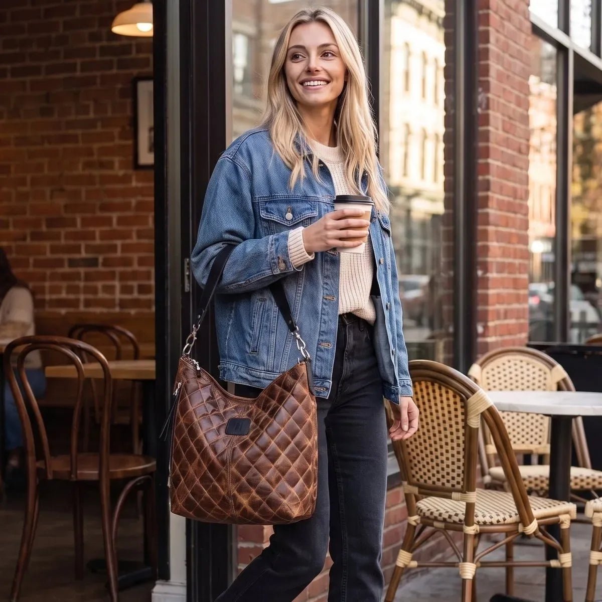 Woman carrying an Outrider full grain leather handbag